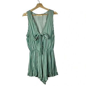 Audrey 3+1 Green Stripe Cut Out Tie Front Ruffle Hem Romper M